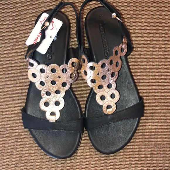 Tamaris Shoes - Tamaris Black Leather Bronze Circles Sandals